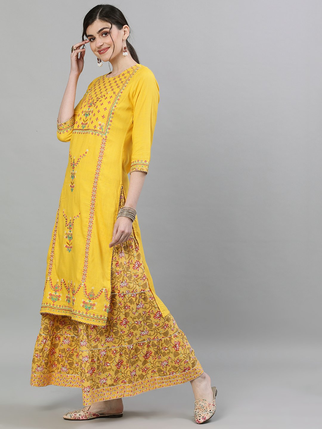 Ishin Women's Mustard Yellow Embroidered Kurta Sharara Dupatta Set - Cotton Blend Ethnic Outfit, Size L