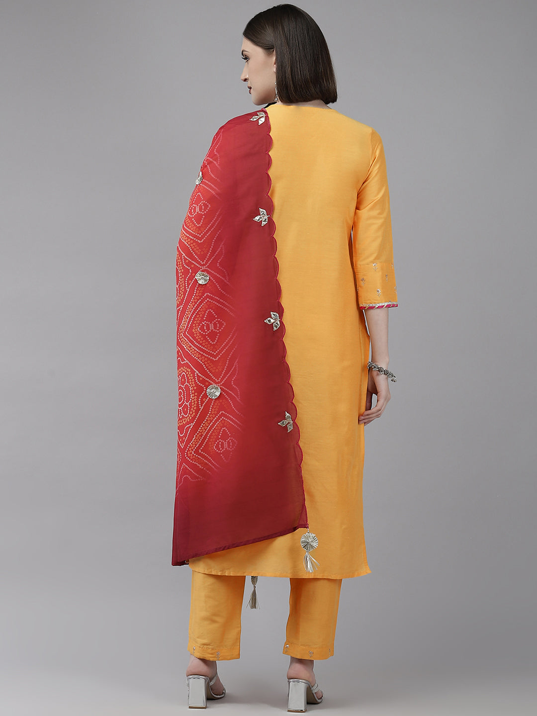 Ishin Women's Yellow Embroidered A-line Kurta with Trouser & Dupatta