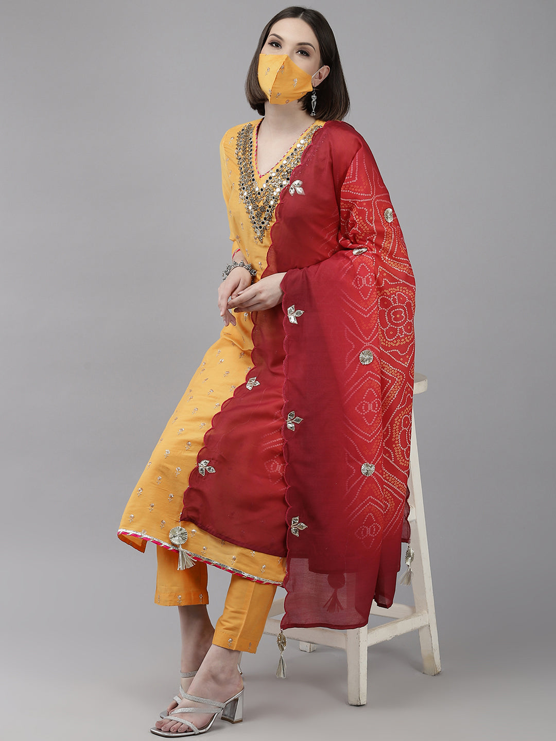 Ishin Women's Yellow Embroidered A-line Kurta with Trouser & Dupatta