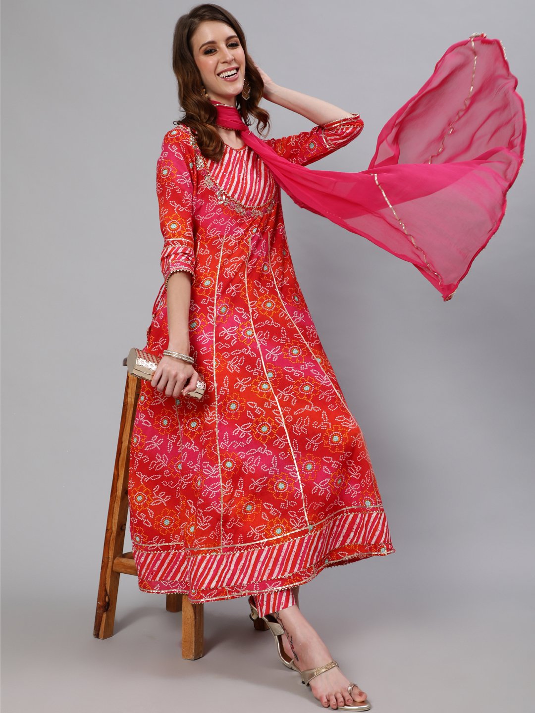 Ishin Women's Cotton Multicolor Embroidered Anarkali Kurta Trouser Dupatta Set