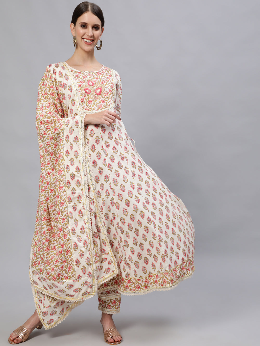 Ishin Women's Cotton Off White Embroidered Anarkali Kurta Trouser Dupatta Set