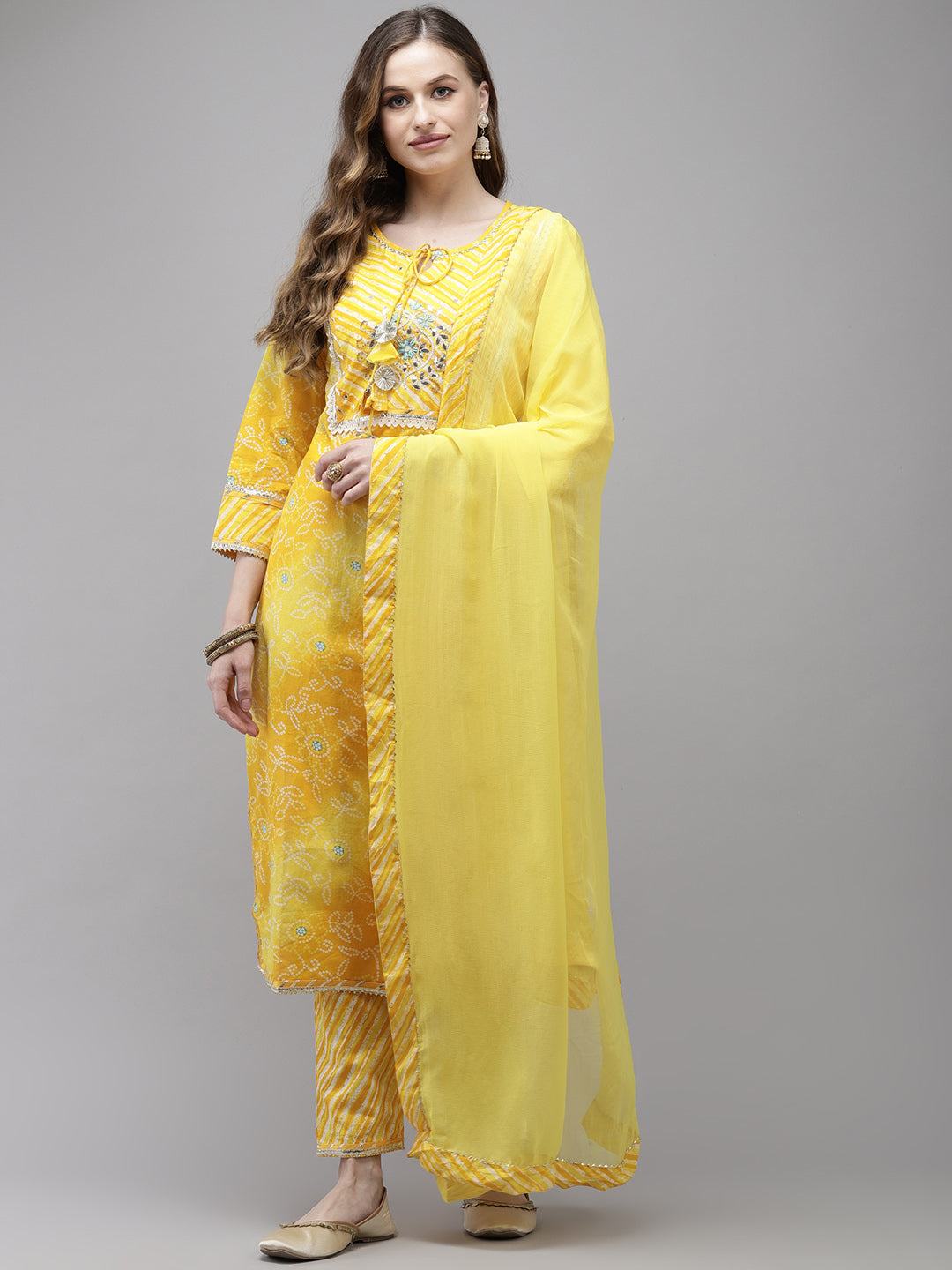 Ishin Women's Cotton Yellow Embroidered Tie & Dye A-Line Kurta Trouser Dupatta Set 