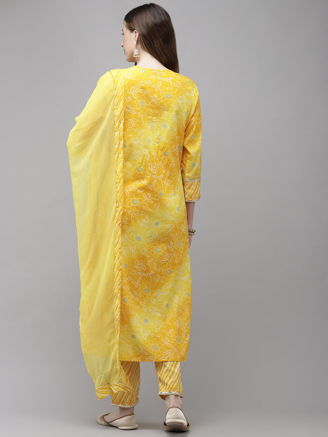 Ishin Women's Cotton Yellow Embroidered Tie & Dye A-Line Kurta Trouser Dupatta Set 
