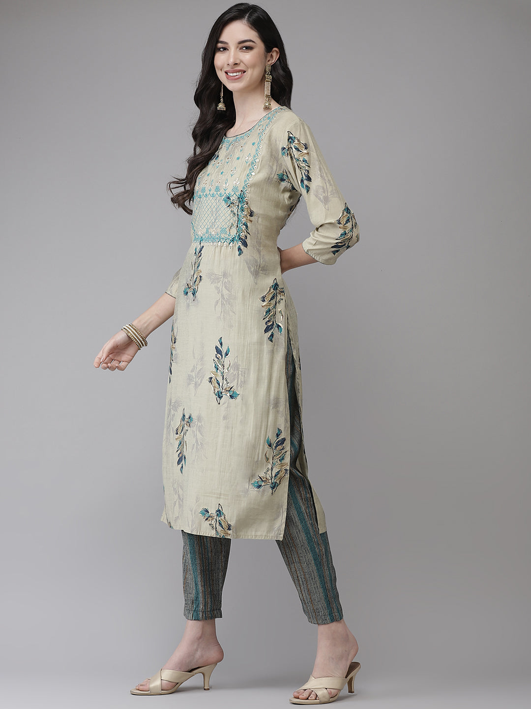 Ishin Women's Silk Blend Beige Embroidered A-Line Kurta Trouser Dupatta Set
