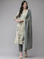 Ishin Women's Silk Blend Beige Embroidered A-Line Kurta Trouser Dupatta Set