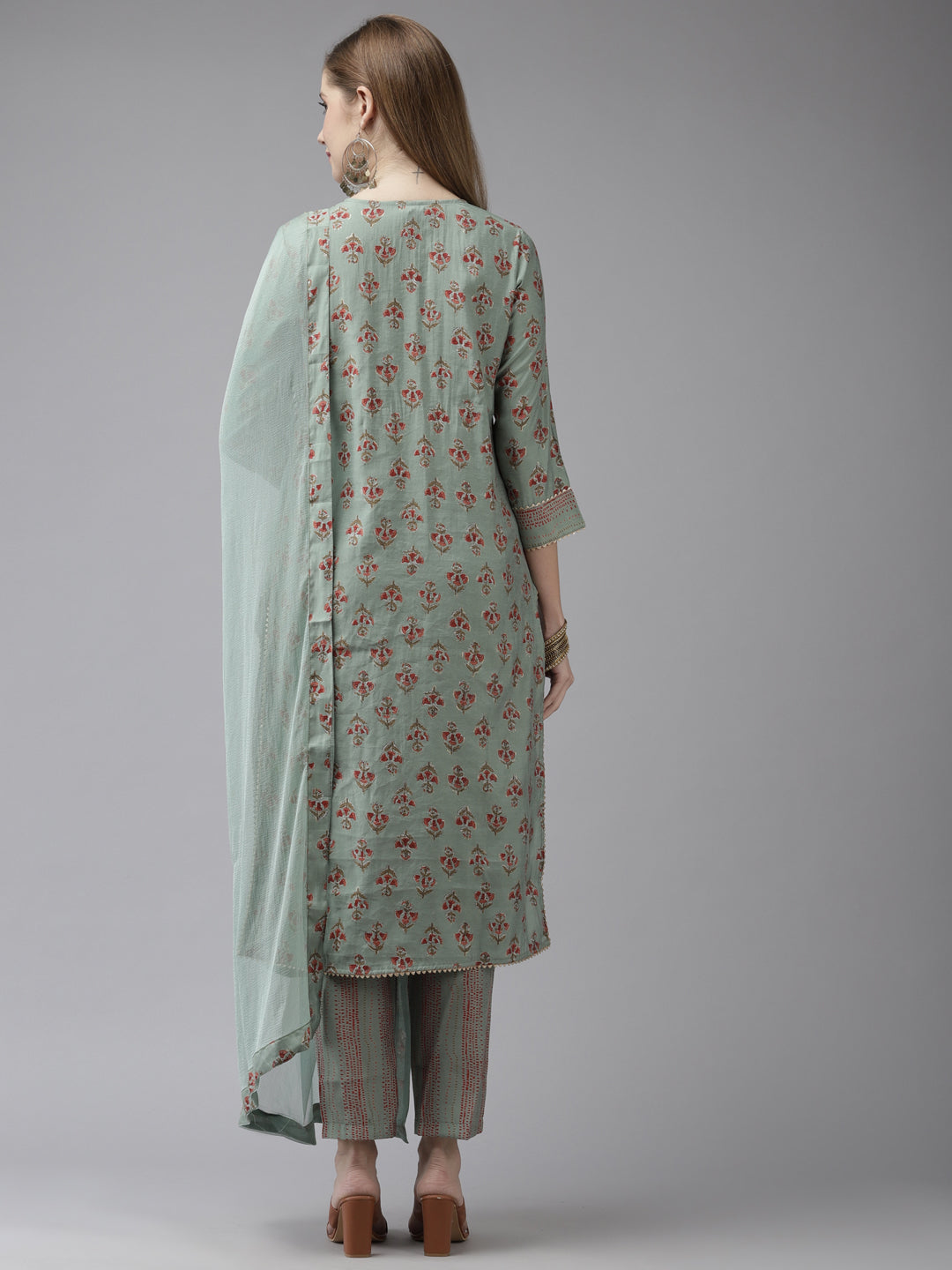 Ishin Women's Art Silk Green Embroidered A-Line Kurta Trouser Dupatta Set