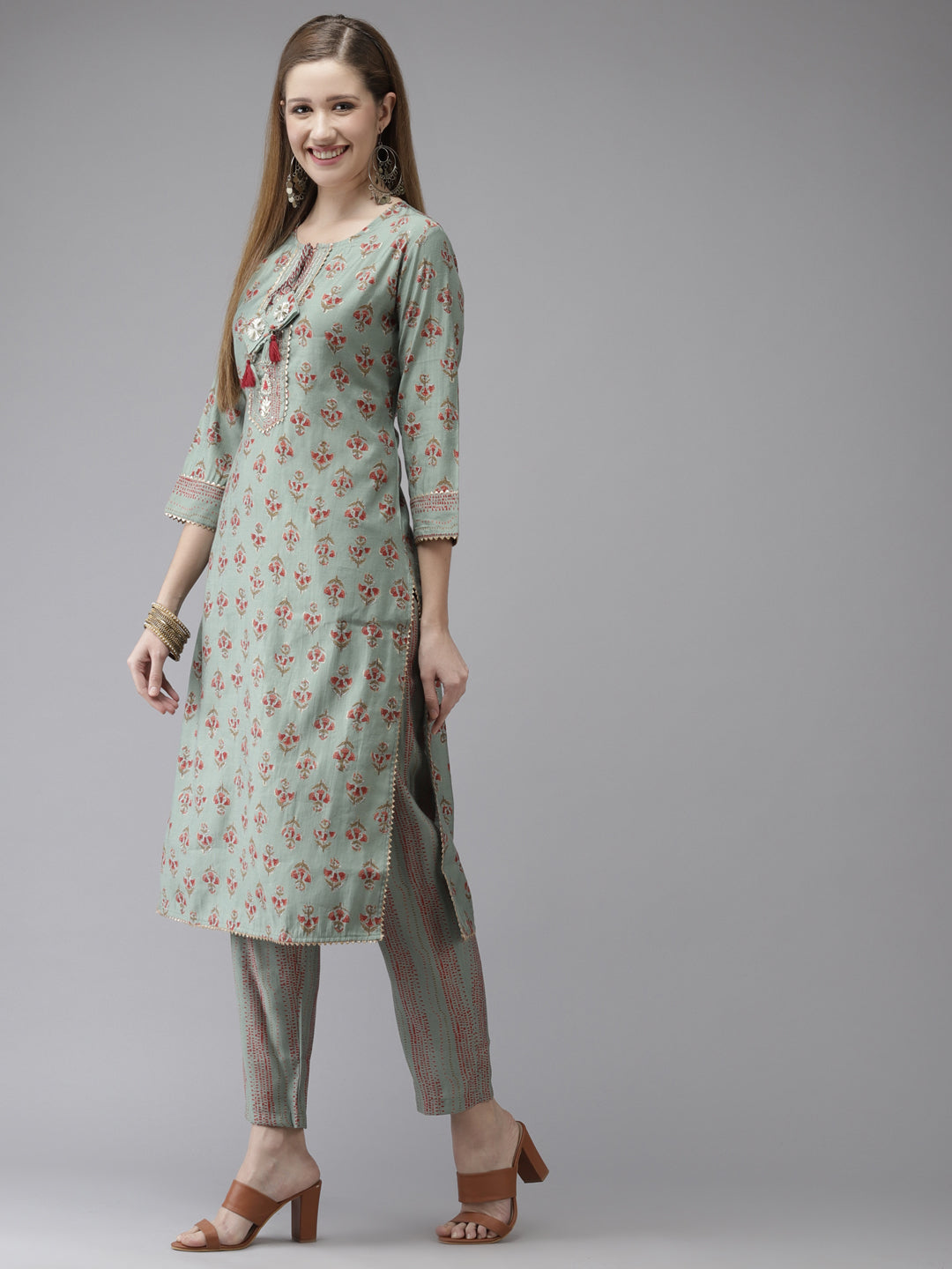 Ishin Women's Art Silk Green Embroidered A-Line Kurta Trouser Dupatta Set