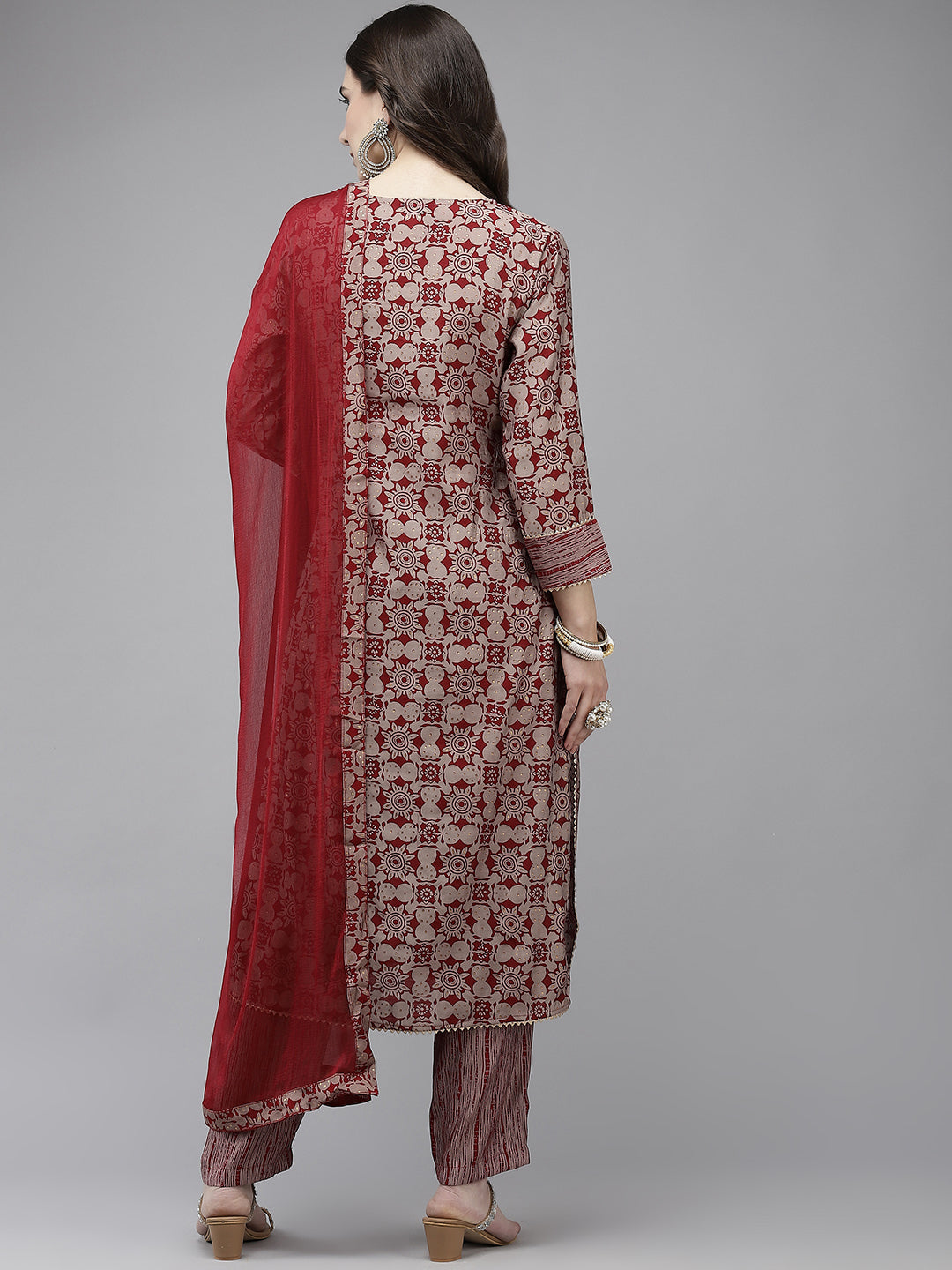 Ishin Women's Maroon Embroidered A-line Kurta with Trouser & Dupatta