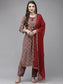 Ishin Women's Maroon Embroidered A-line Kurta with Trouser & Dupatta