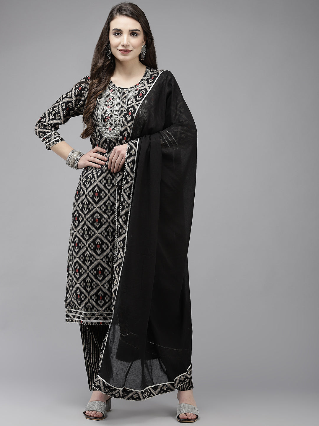 Ishin Women's Silk Blend Black Yoke Embroidered A-Line Kurta Trouser Dupatta Set
