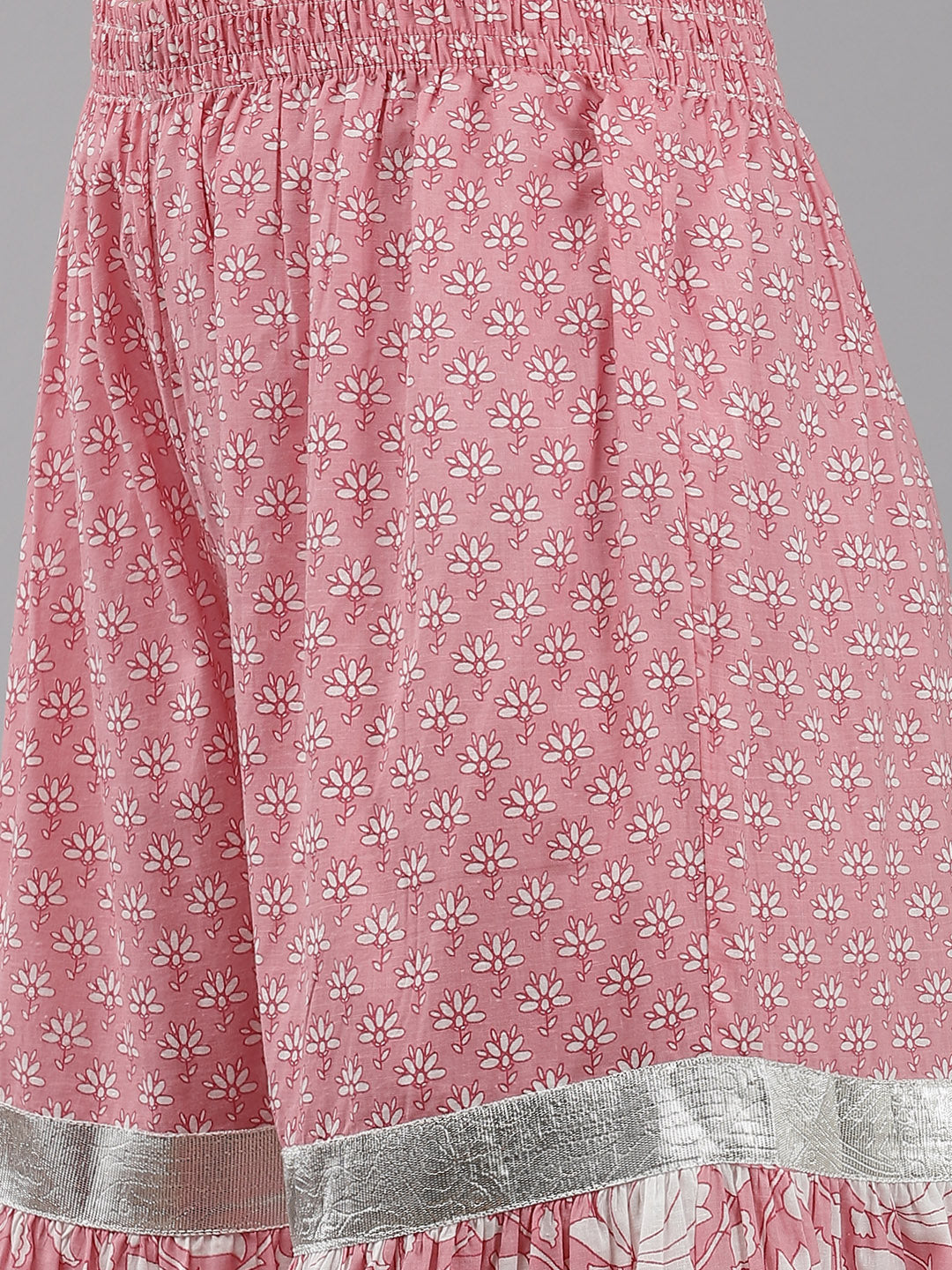 Ishin Women's Cotton Pink Embroidered Anarkali Peplum Kurta Sharara Dupatta Set
