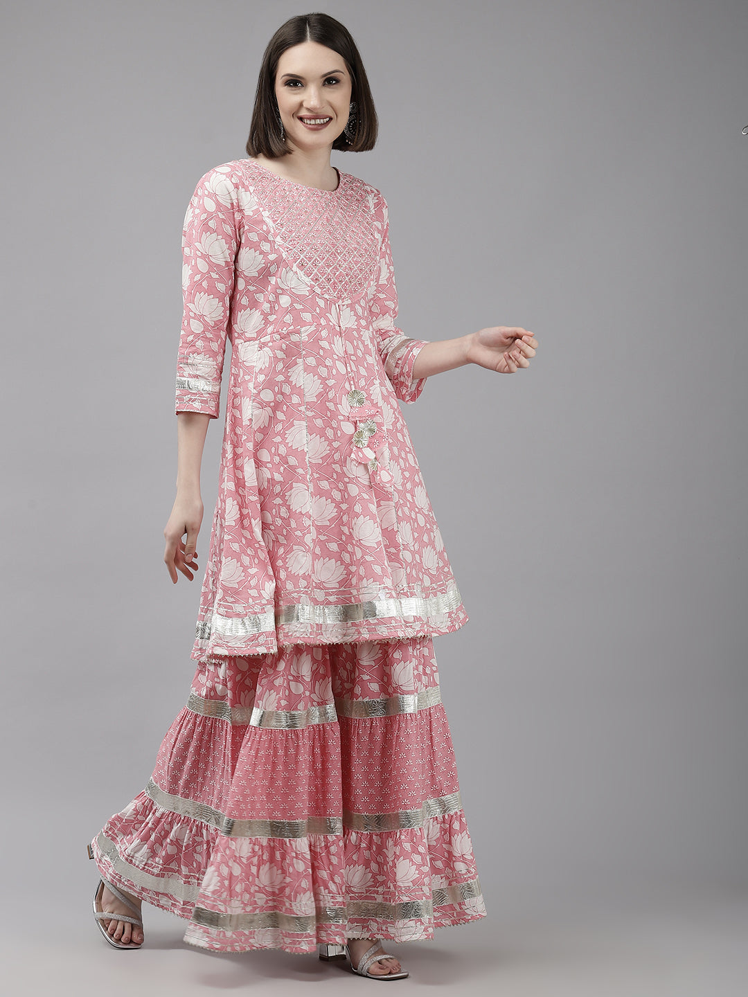 Ishin Women's Cotton Pink Embroidered Anarkali Peplum Kurta Sharara Dupatta Set