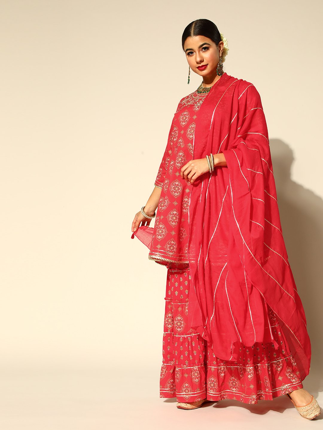 Ishin Women's Cotton Red Embroidered Anarkali Peplum Kurta Sharara Dupatta Set