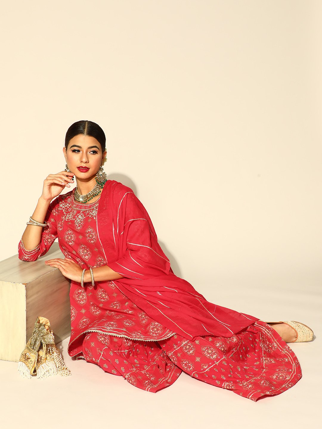 Ishin Women's Cotton Red Embroidered Anarkali Peplum Kurta Sharara Dupatta Set
