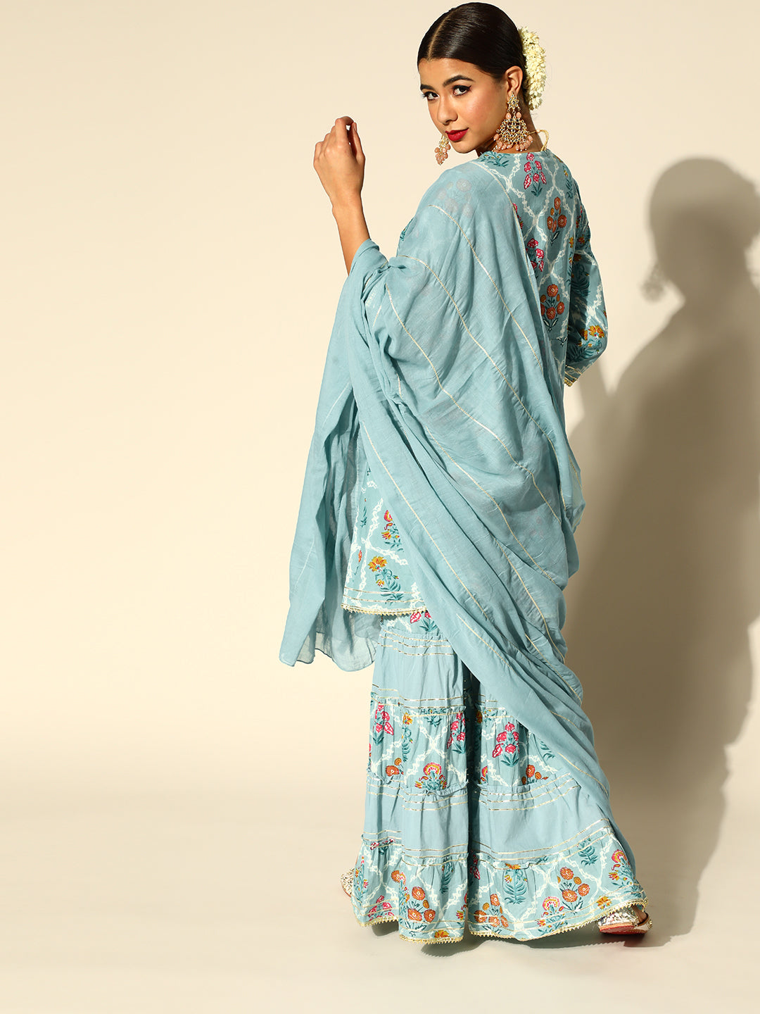 Ishin Women's Cotton Blue Embroidered Anarkali Peplum Kurta Sharara Dupatta Set