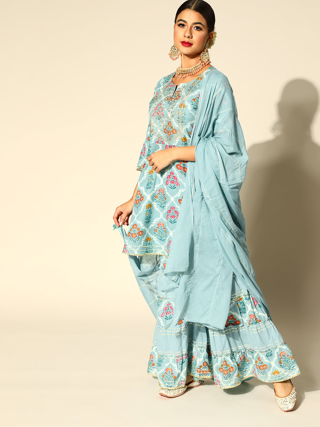 Ishin Women's Cotton Blue Embroidered Anarkali Peplum Kurta Sharara Dupatta Set