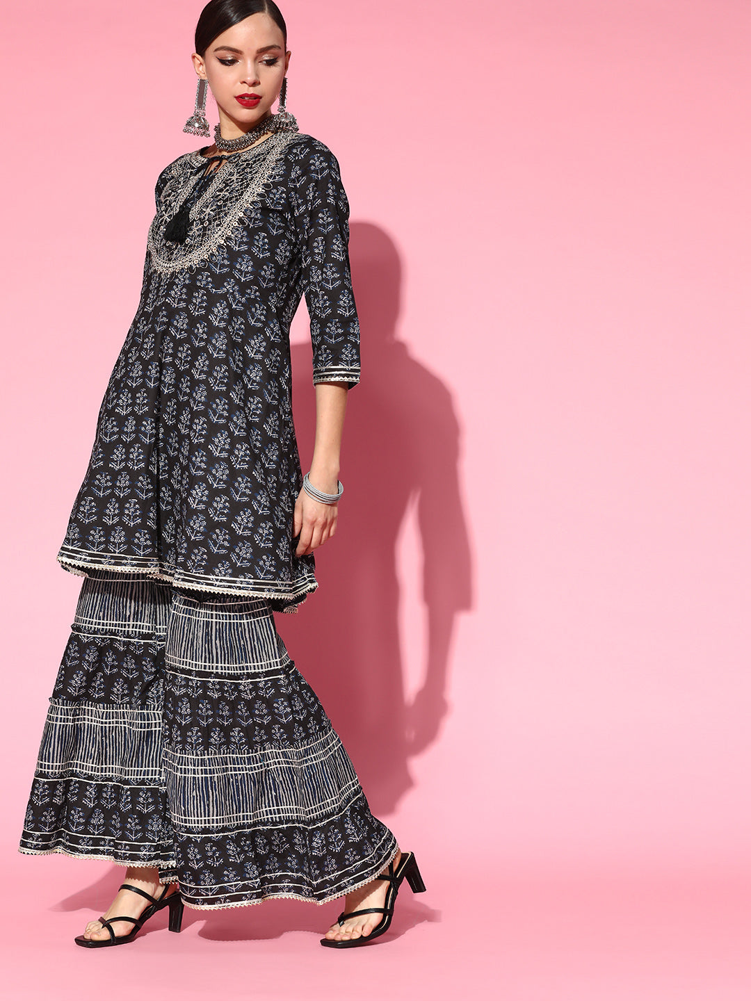 Ishin Women's Cotton Black Embroidered Anarkali Peplum Kurta Sharara Dupatta Set