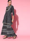 Ishin Women's Cotton Black Embroidered Anarkali Peplum Kurta Sharara Dupatta Set