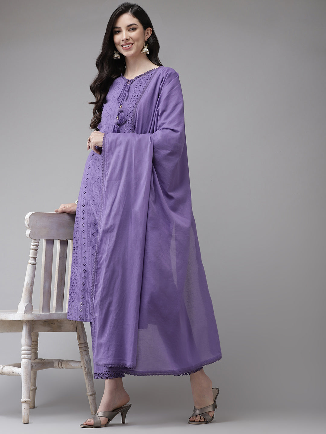 Ishin Women's Cotton Purple Schiffli Embroidered A-Line Kurta Trouser Dupatta Set