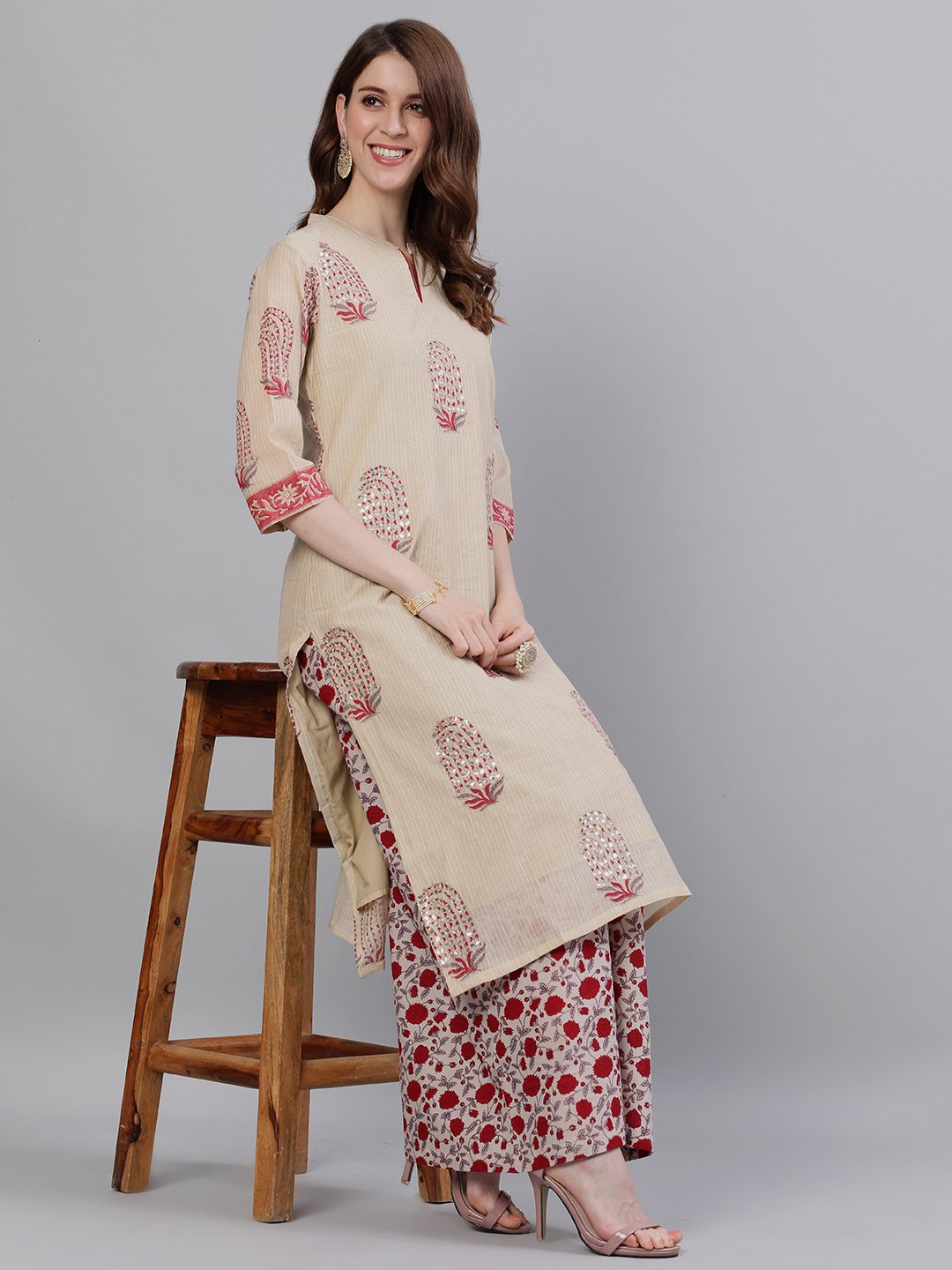 Ishin Women's Chanderi Cotton Beige Gota Patti Embroidered A-Line Kurta Palazzo Set