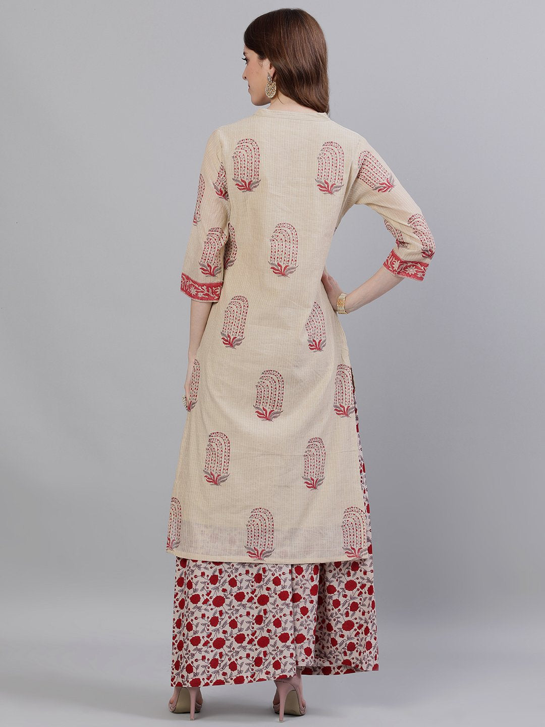 Ishin Women's Chanderi Cotton Beige Gota Patti Embroidered A-Line Kurta Palazzo Set