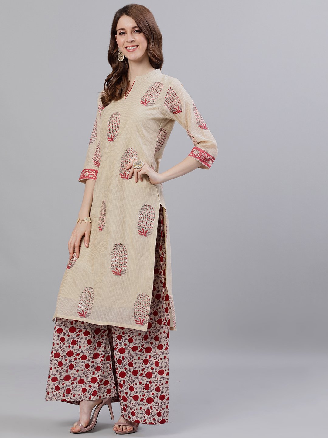 Ishin Women's Chanderi Cotton Beige Gota Patti Embroidered A-Line Kurta Palazzo Set