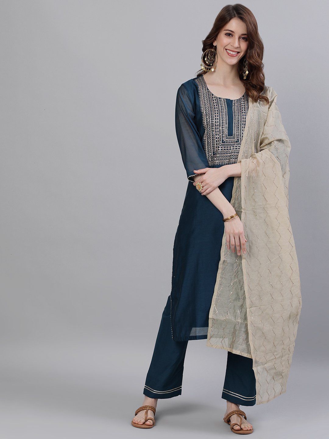 Ishin Women's Chanderi Silk Teal Zari Embroidered A-Line Kurta Trouser Dupatta Set