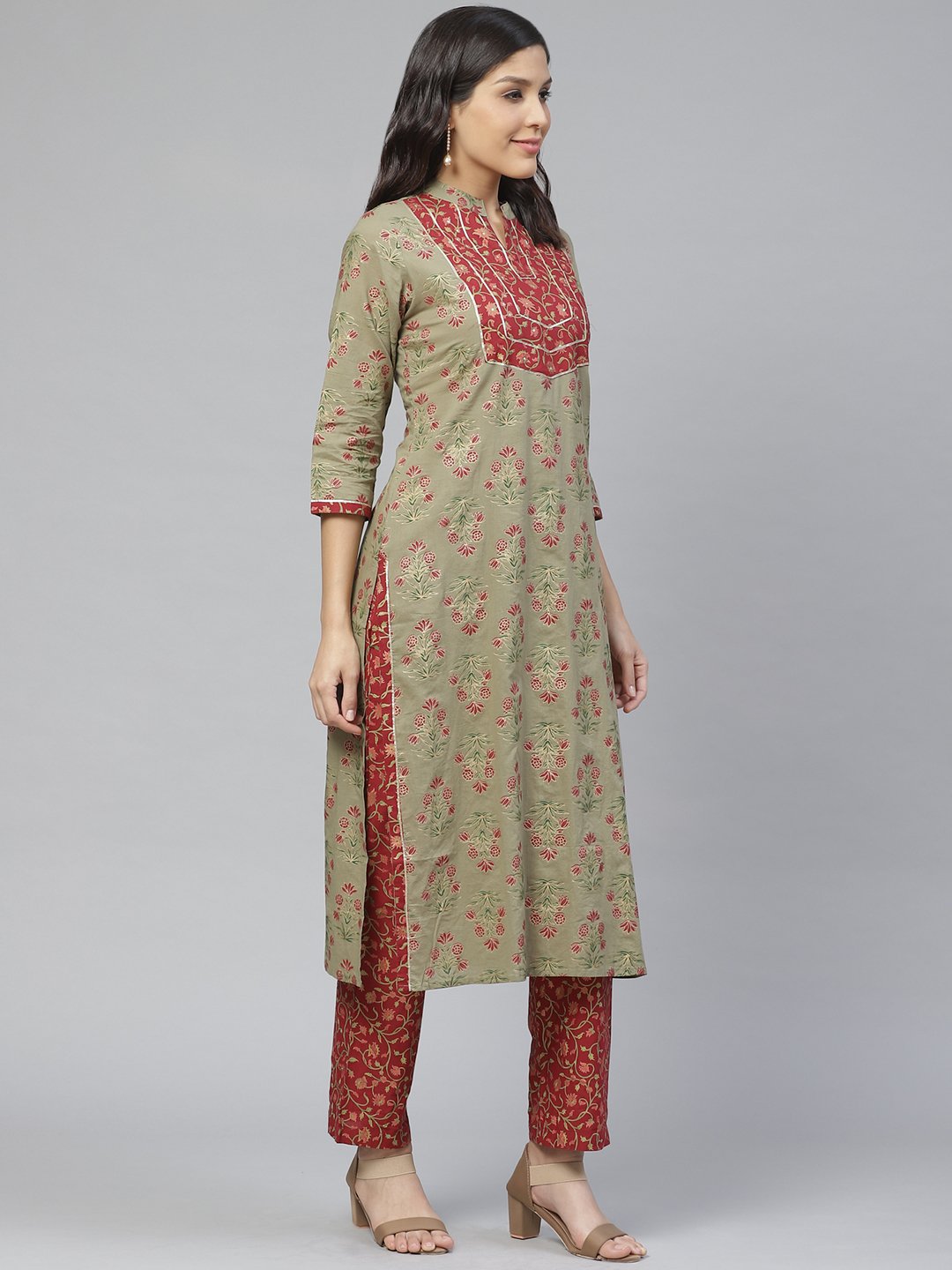 Ishin Women's Rayon Green & Maroon Printed A-Line Kurta Trouser Dupatta Set