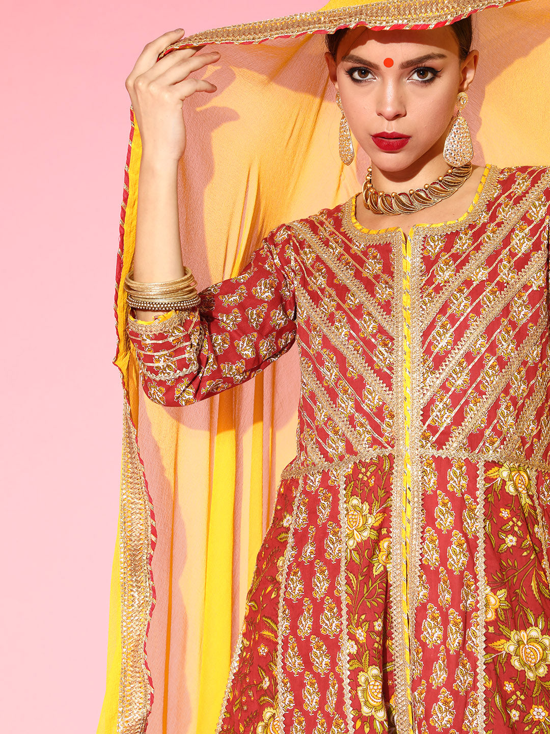 Ishin Women's Cotton Red Embroidered Anarkali Kurta Sharara Dupatta Set 