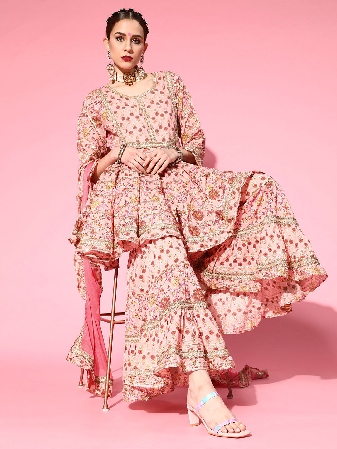 Ishin Women's Cotton Peach Embroidered Anarkali Peplum Kurta Sharara Dupatta Set 
