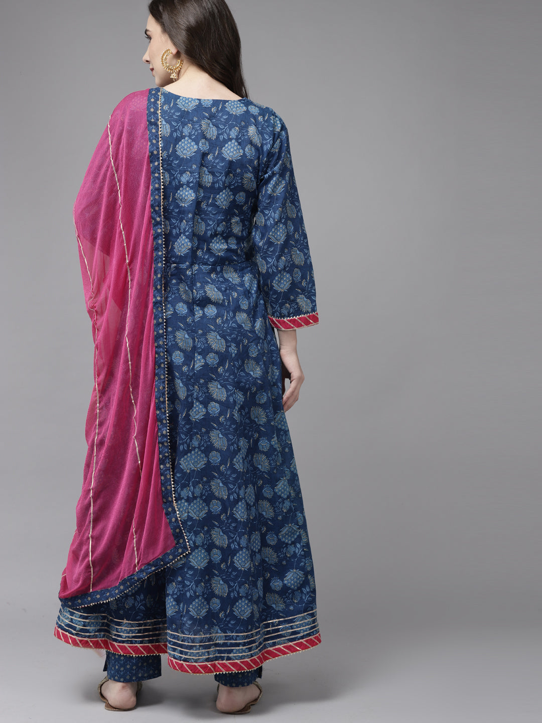 Ishin Women's Cotton Blend Blue Embroidered Anarkali Kurta Trouser Dupatta Set