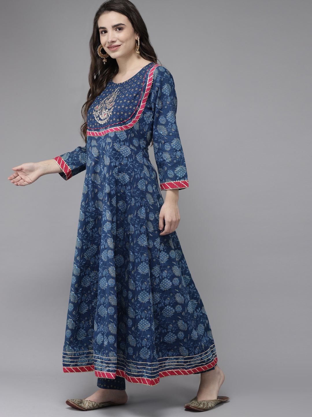 Ishin Women's Cotton Blend Blue Embroidered Anarkali Kurta Trouser Dupatta Set