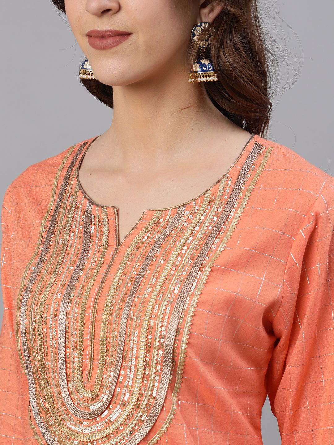 Ishin Womens Peach Embroidered A-Line Kurta Sharara Dupatta Set