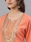 Ishin Womens Peach Embroidered A-Line Kurta Sharara Dupatta Set