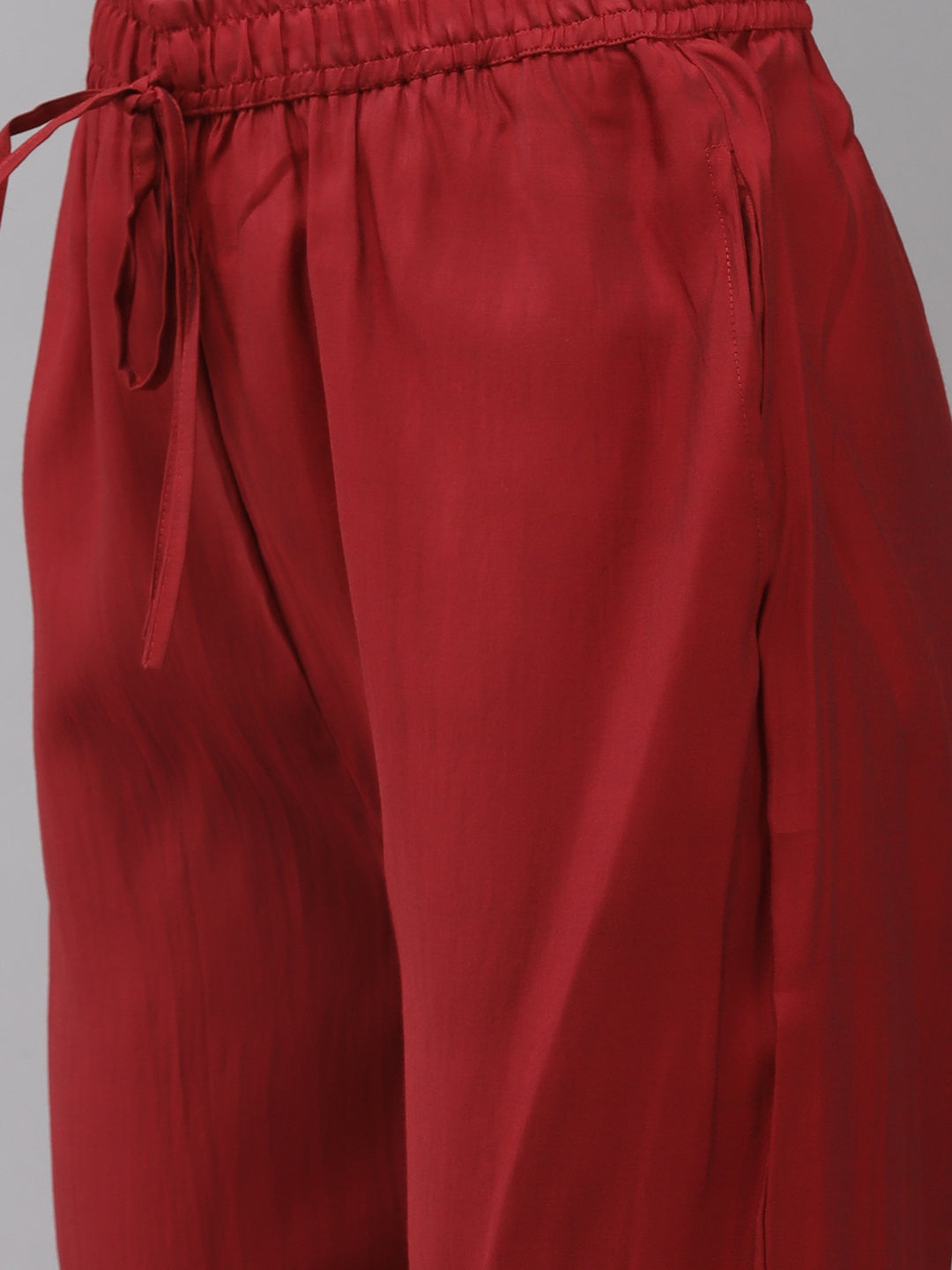 Ishin Women's Silk Blend Red Embroidered A-Line Kurta Trouser Dupatta Set