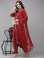 Ishin Women's Silk Blend Red Embroidered A-Line Kurta Trouser Dupatta Set