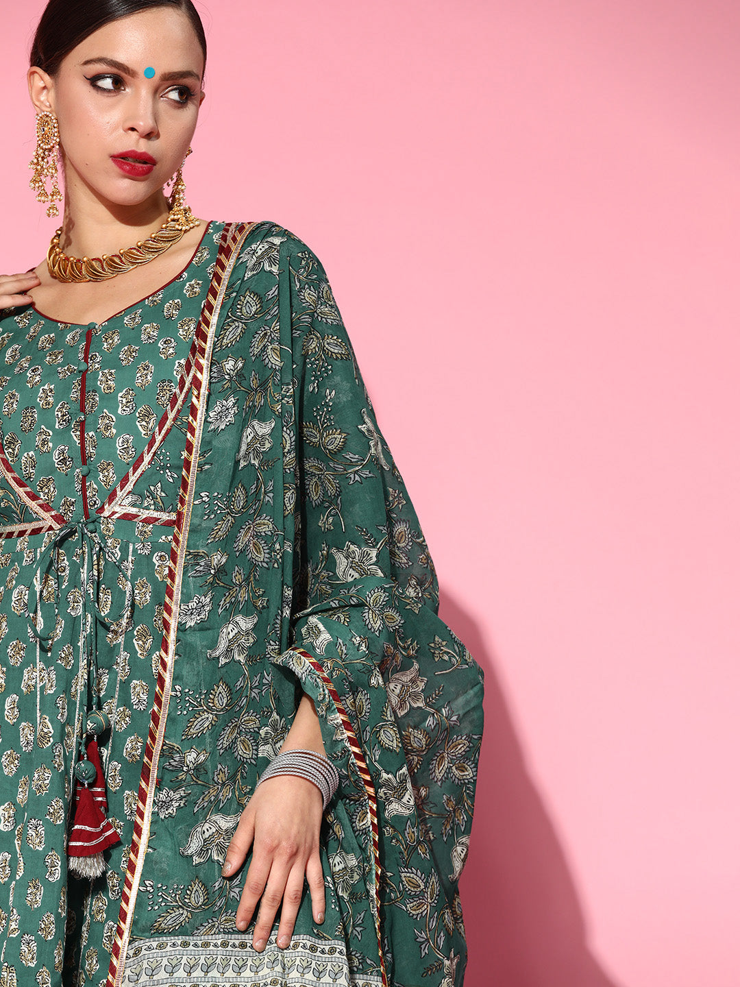 Ishin Women's Cotton Green Embroidered Anarkali Peplum Kurta Sharara Dupatta Set 