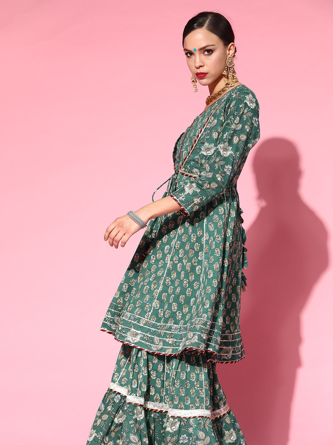 Ishin Women's Cotton Green Embroidered Anarkali Peplum Kurta Sharara Dupatta Set