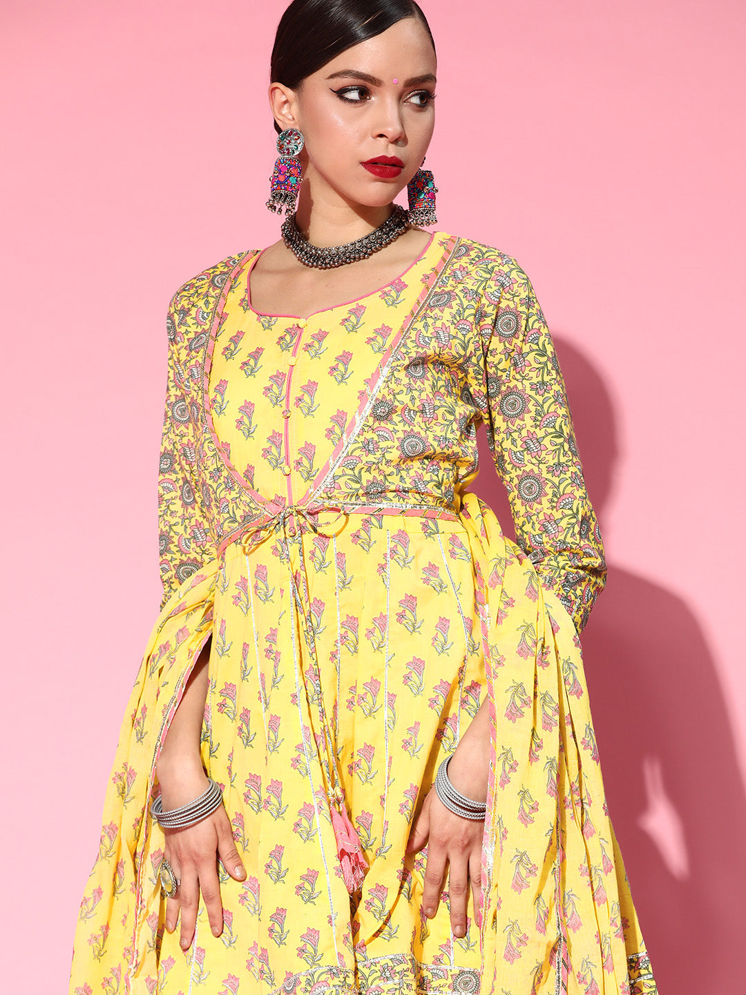 Ishin Women's Cotton Yellow Embroidered Anarkali Peplum Kurta Sharara Dupatta Set 