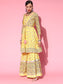 Ishin Women's Cotton Yellow Embroidered Anarkali Peplum Kurta Sharara Dupatta Set