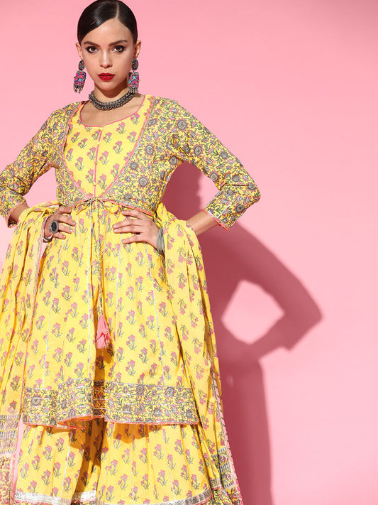 Ishin Women's Cotton Yellow Embroidered Anarkali Peplum Kurta Sharara Dupatta Set 