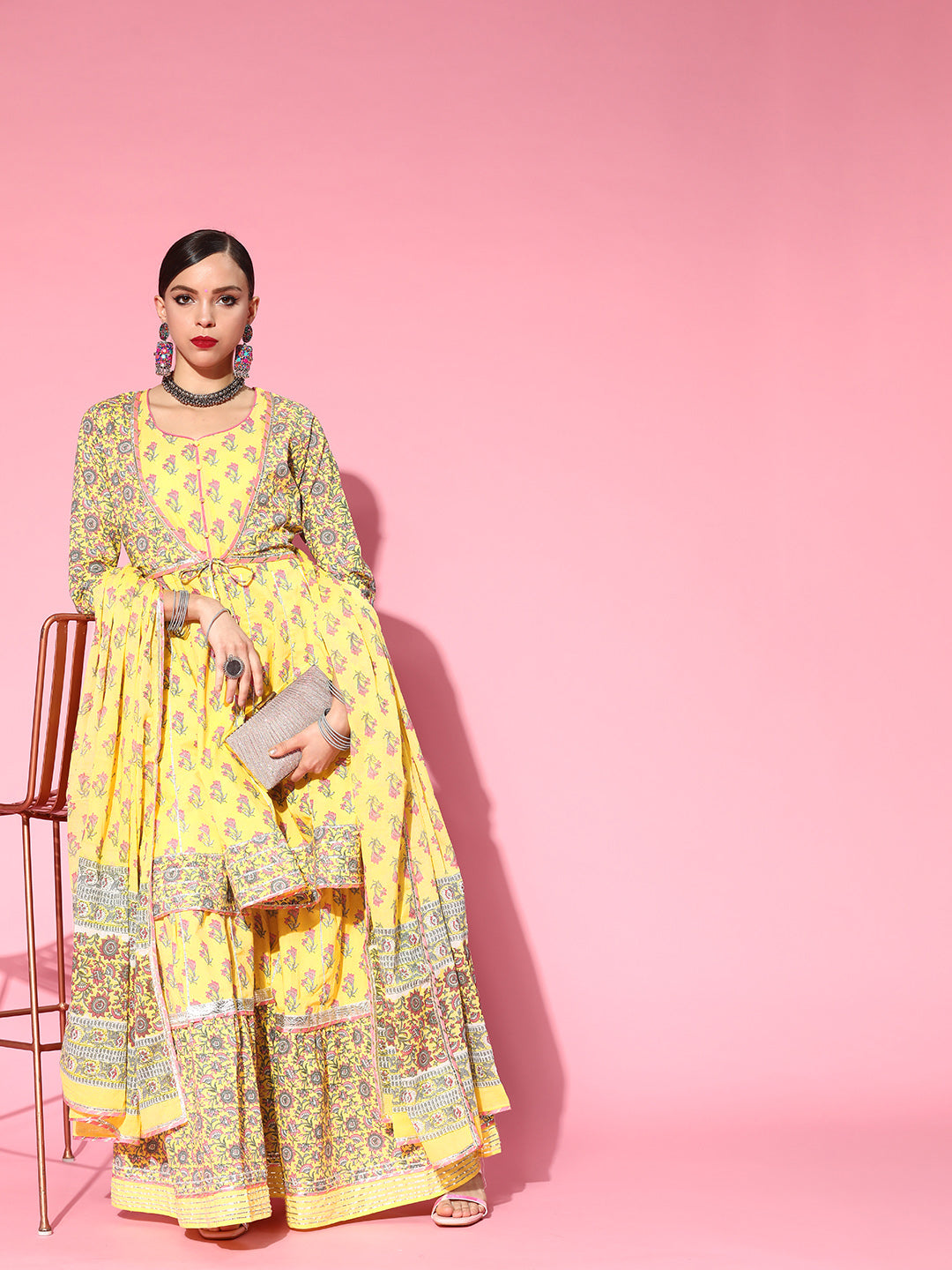 Ishin Women's Cotton Yellow Embroidered Anarkali Peplum Kurta Sharara Dupatta Set