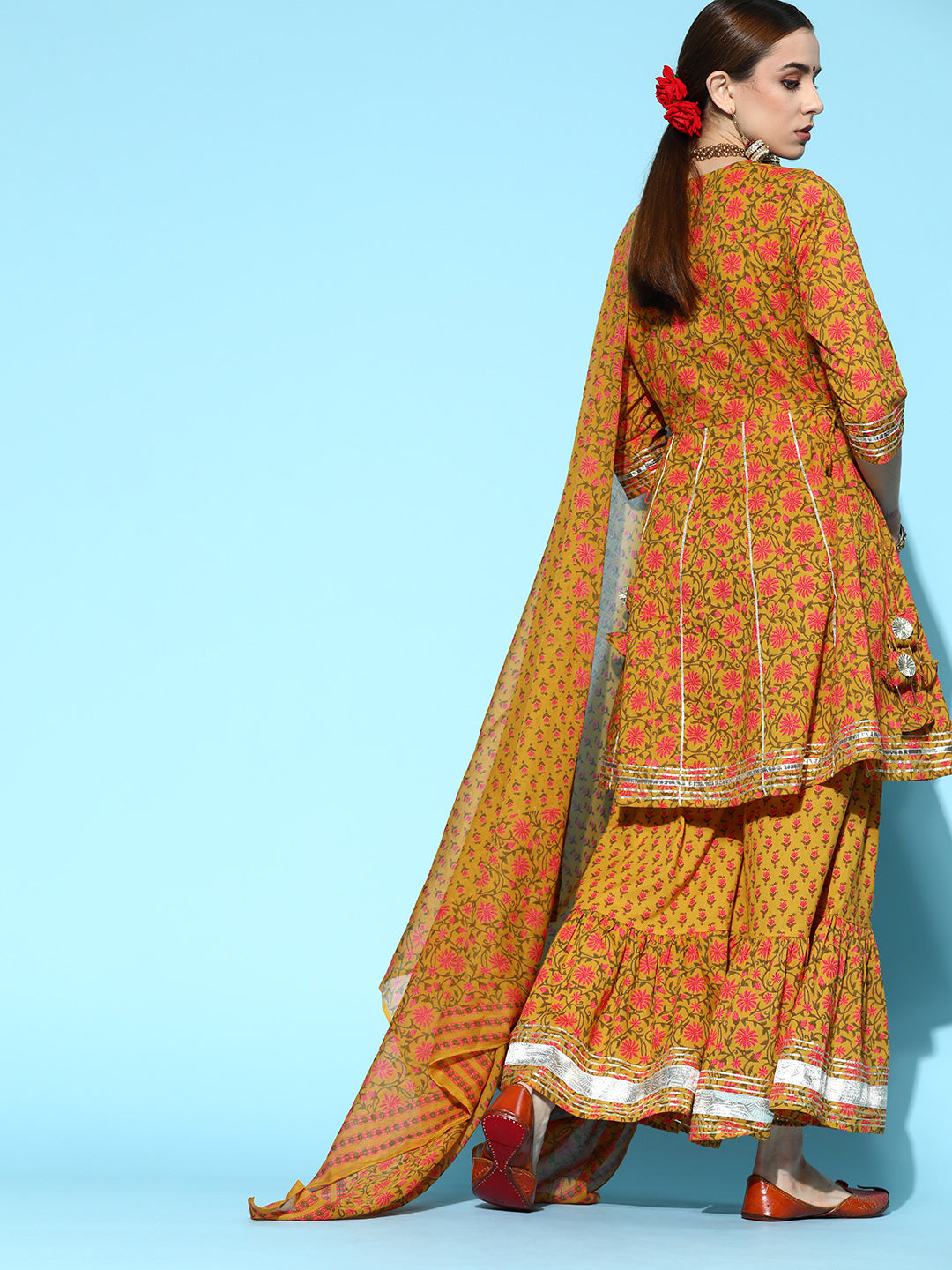 Ishin Women's Cotton Mustard Embroidered Anarkali Peplum Kurta Sharara Dupatta Set 