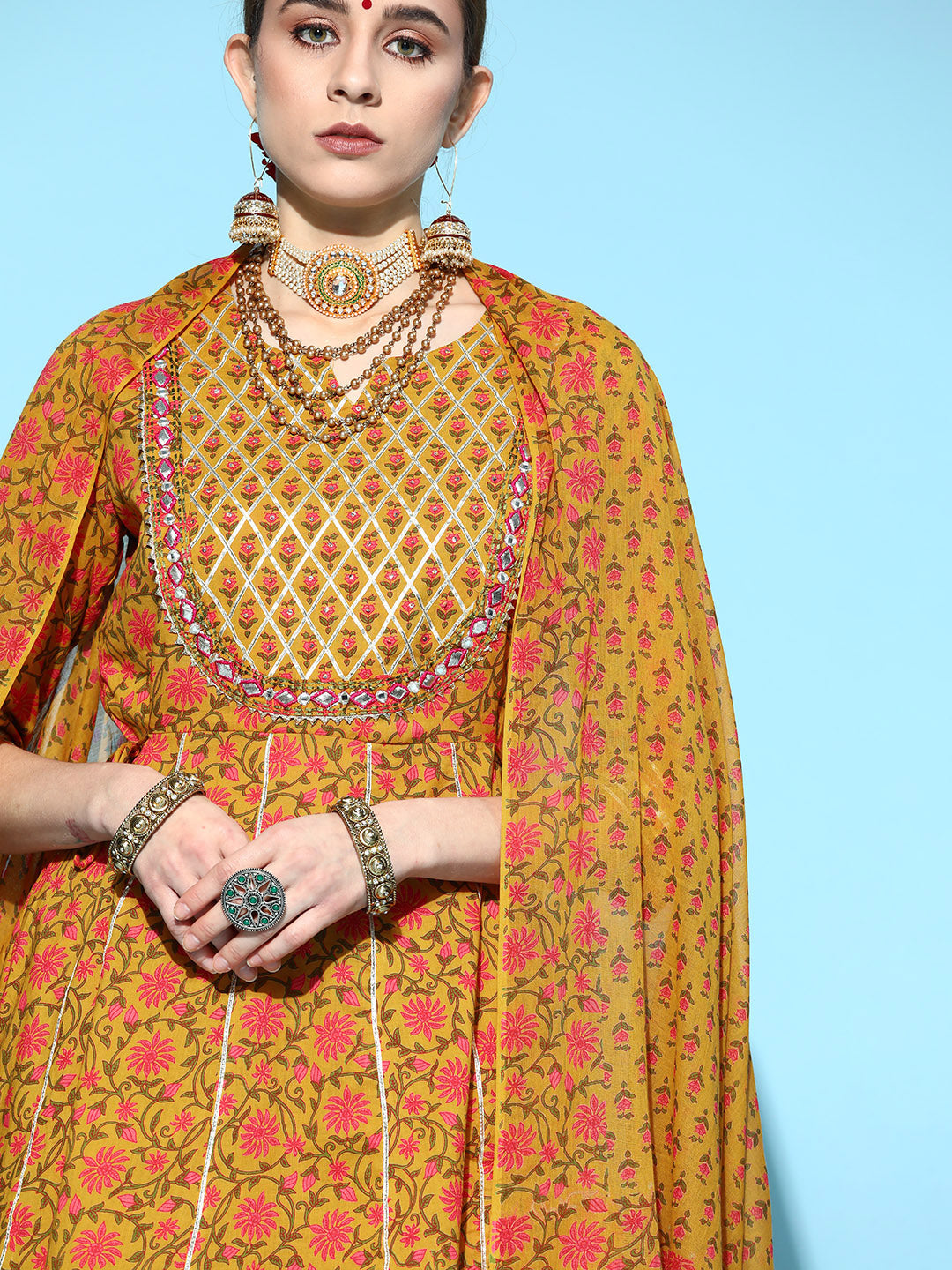 Ishin Women's Cotton Mustard Embroidered Anarkali Peplum Kurta Sharara Dupatta Set 