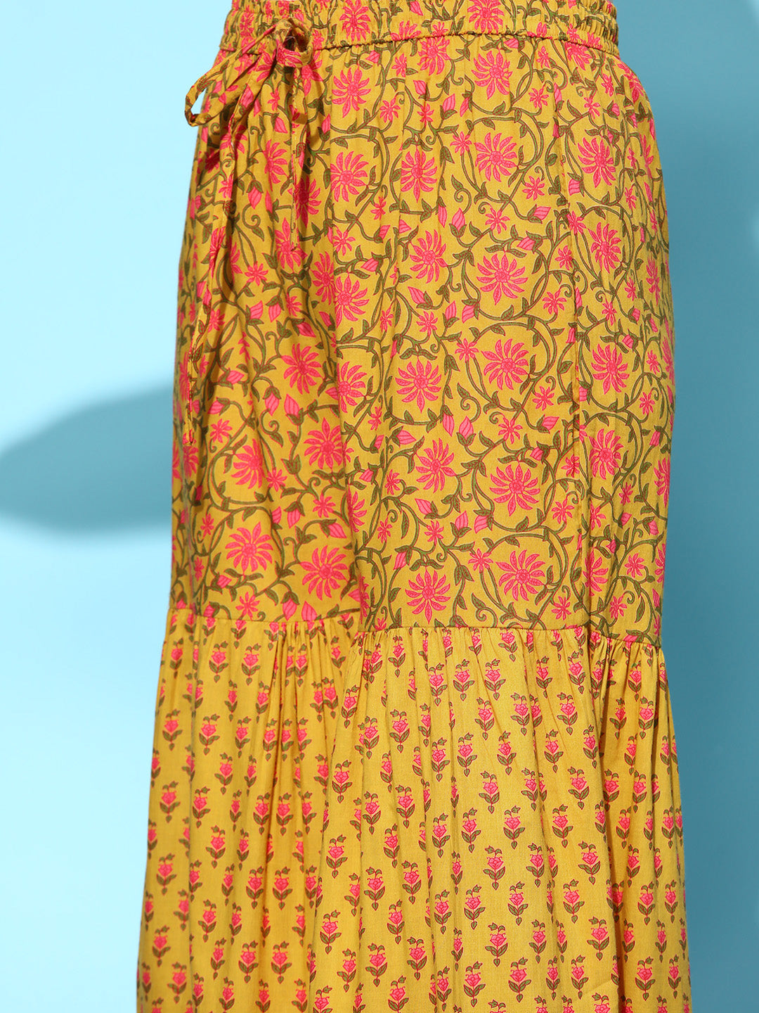 Ishin Women's Cotton Mustard Embroidered Anarkali Peplum Kurta Sharara Dupatta Set 