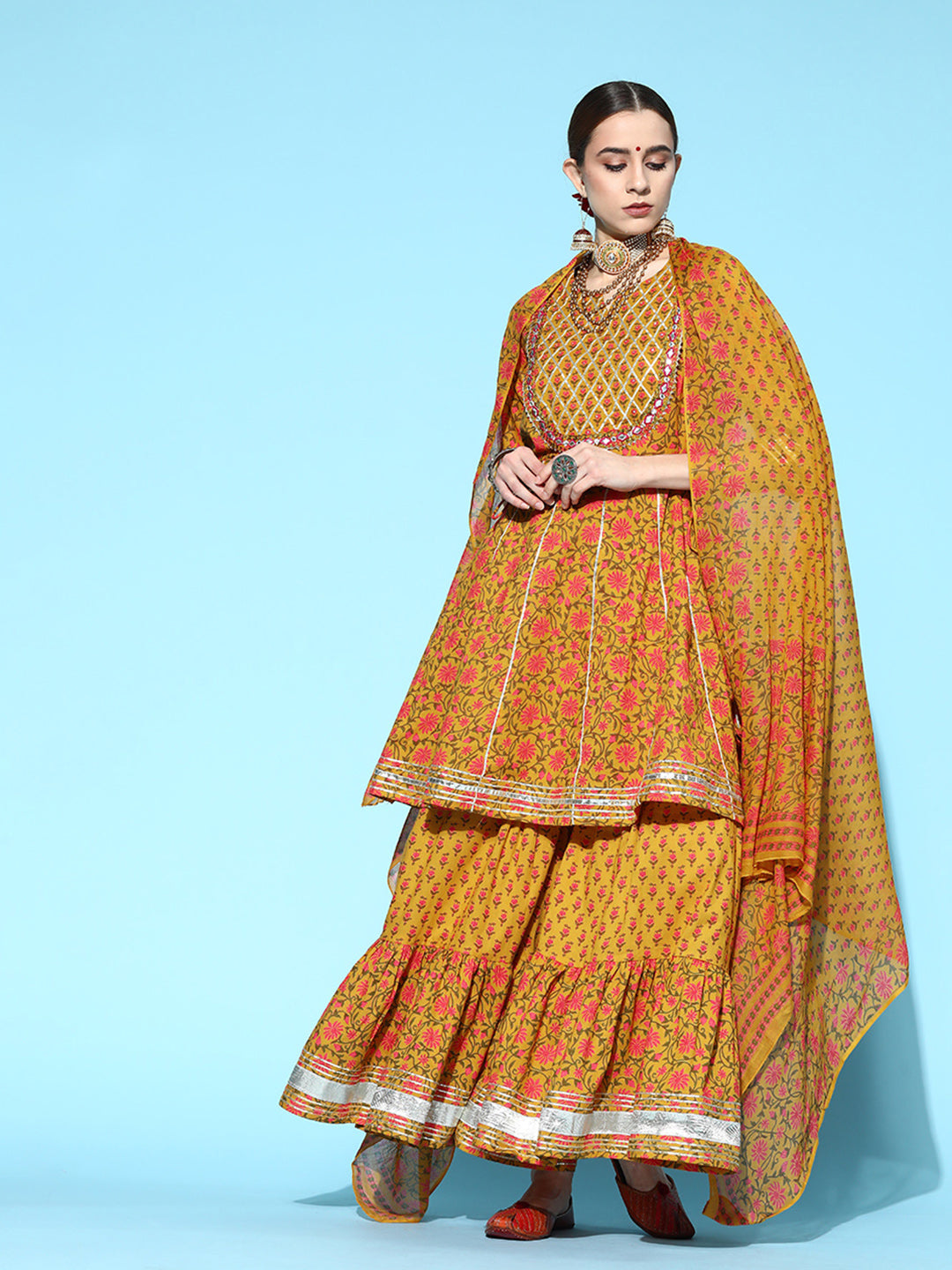 Ishin Women's Cotton Mustard Embroidered Anarkali Peplum Kurta Sharara Dupatta Set 