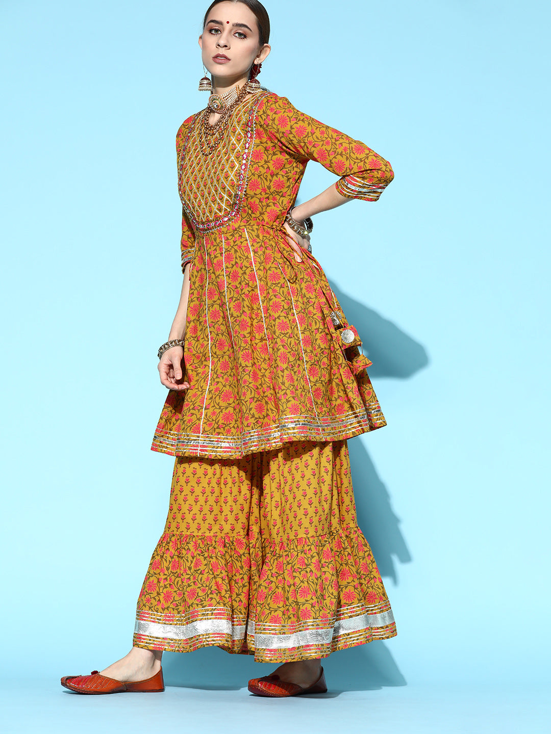 Ishin Women's Cotton Mustard Embroidered Anarkali Peplum Kurta Sharara Dupatta Set 