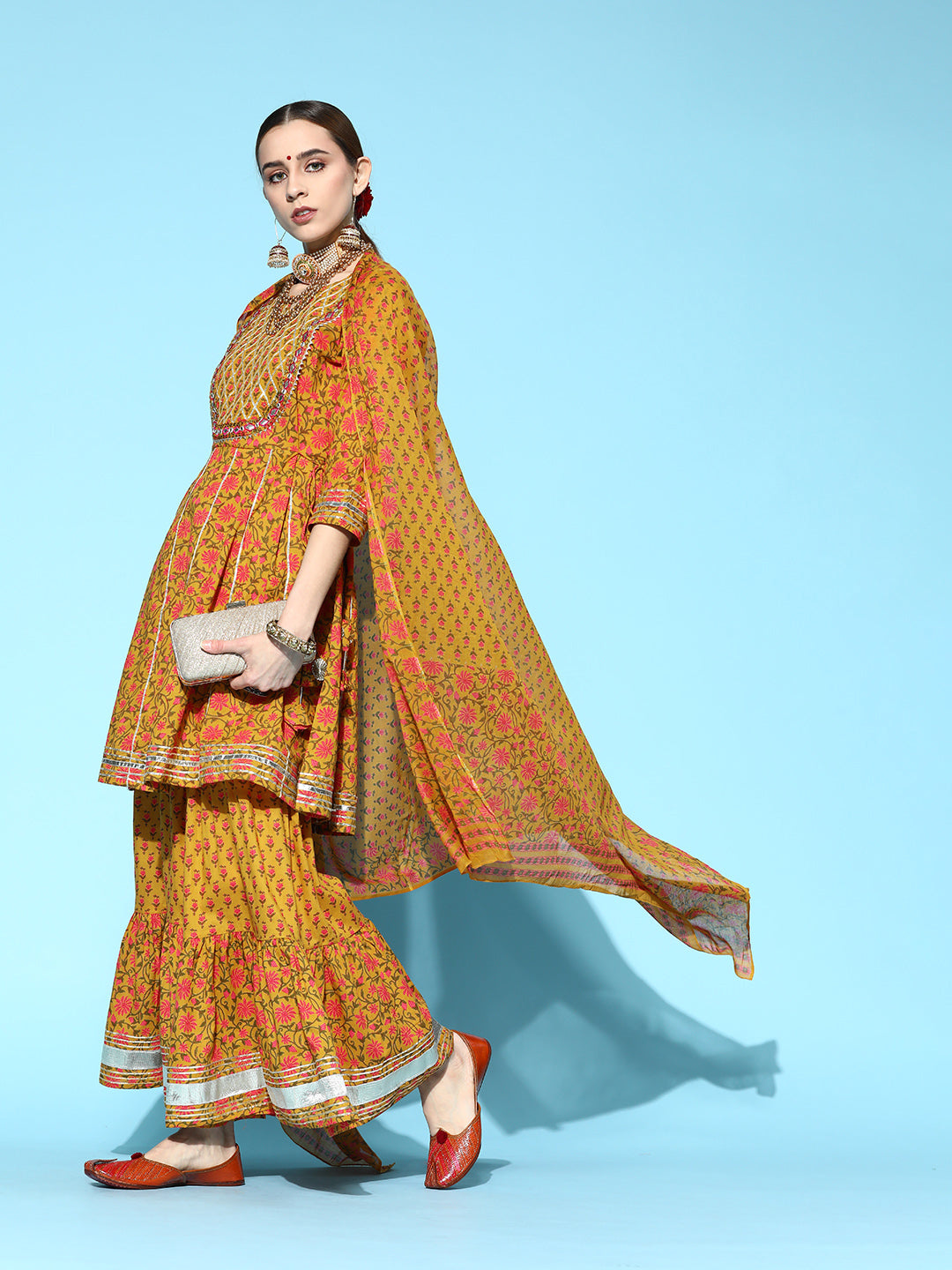 Ishin Women's Cotton Mustard Embroidered Anarkali Peplum Kurta Sharara Dupatta Set