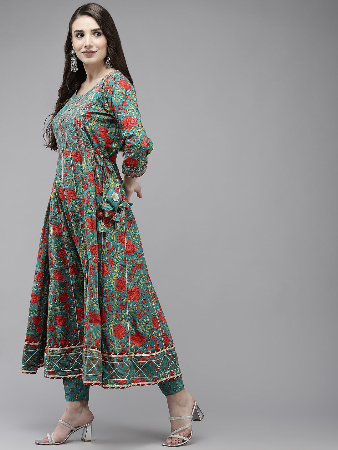 Ishin Women's Green Embroidered Anarkali Kurta with Trouser & Dupatta