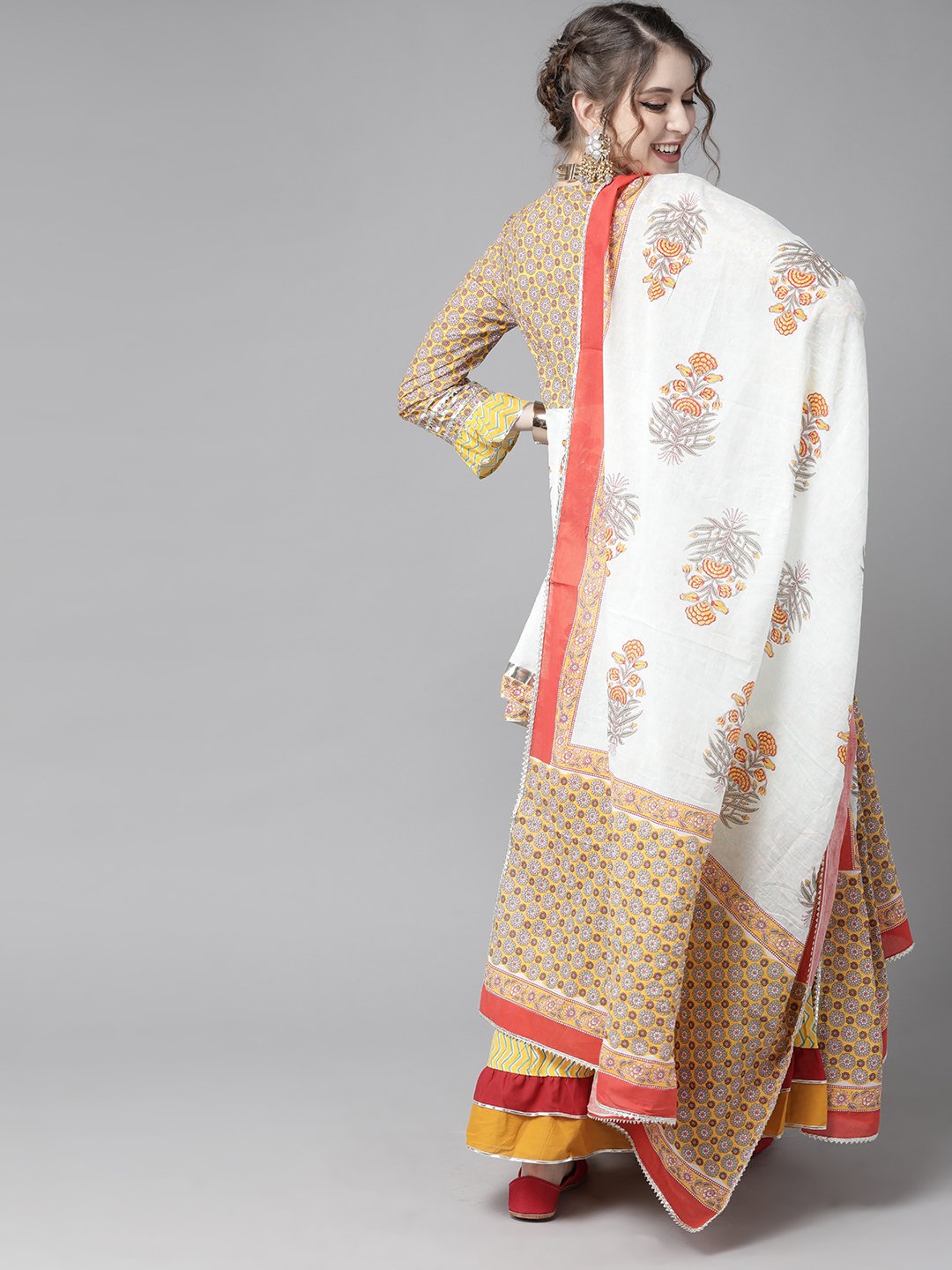 Ishin Women's Off White & Yellow Embellished Peplum Kurta Sharara Dupatta Set